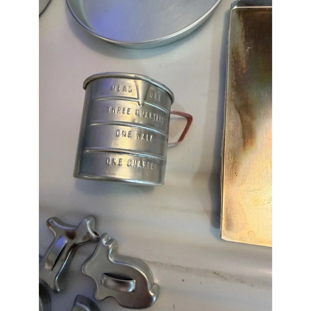 Vintage Toy Aluminum Baking Set Cooky Pan Muffin Tin Measuring Cup Cutters